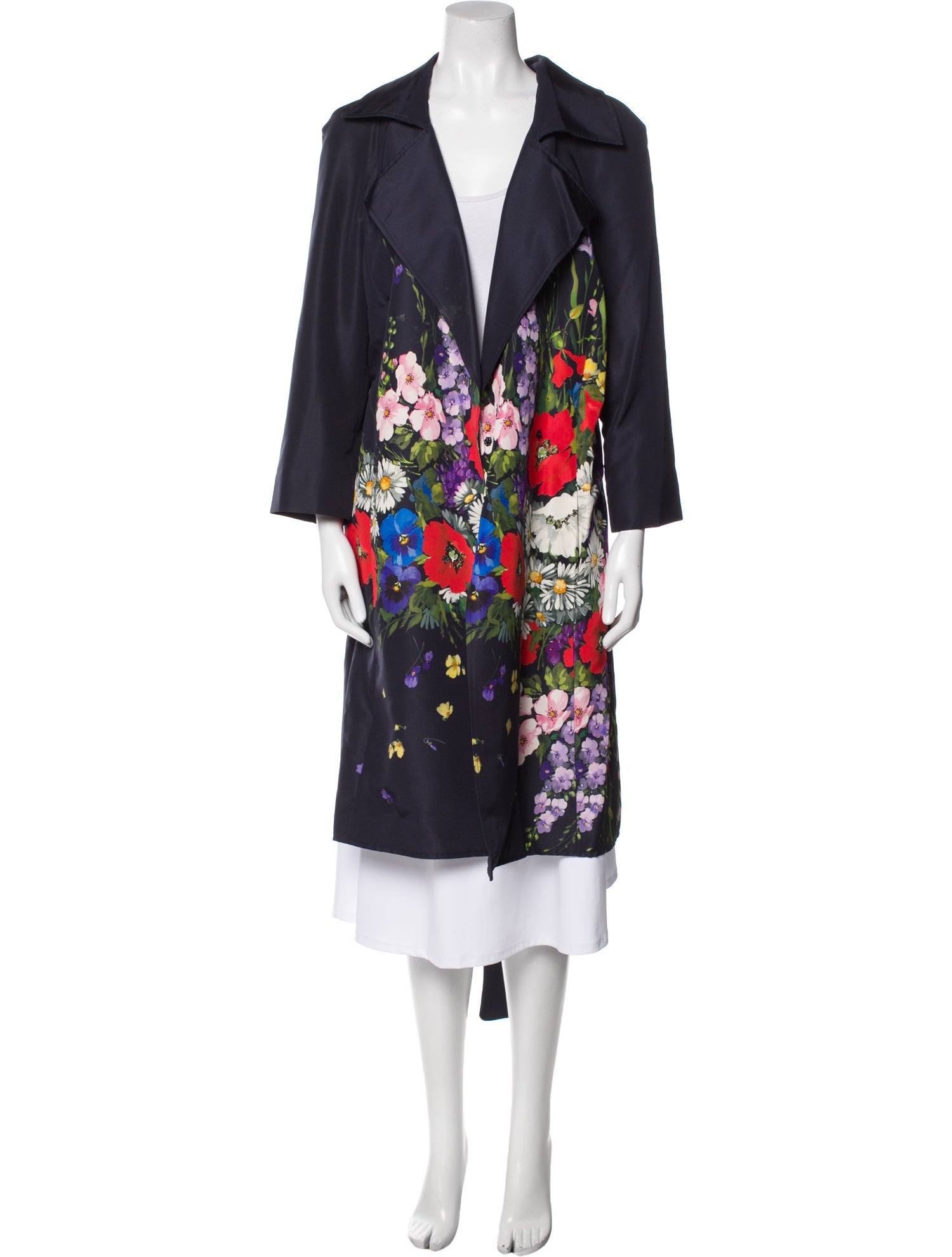Oscar de la Renta Silk Floral Print Trench Coat