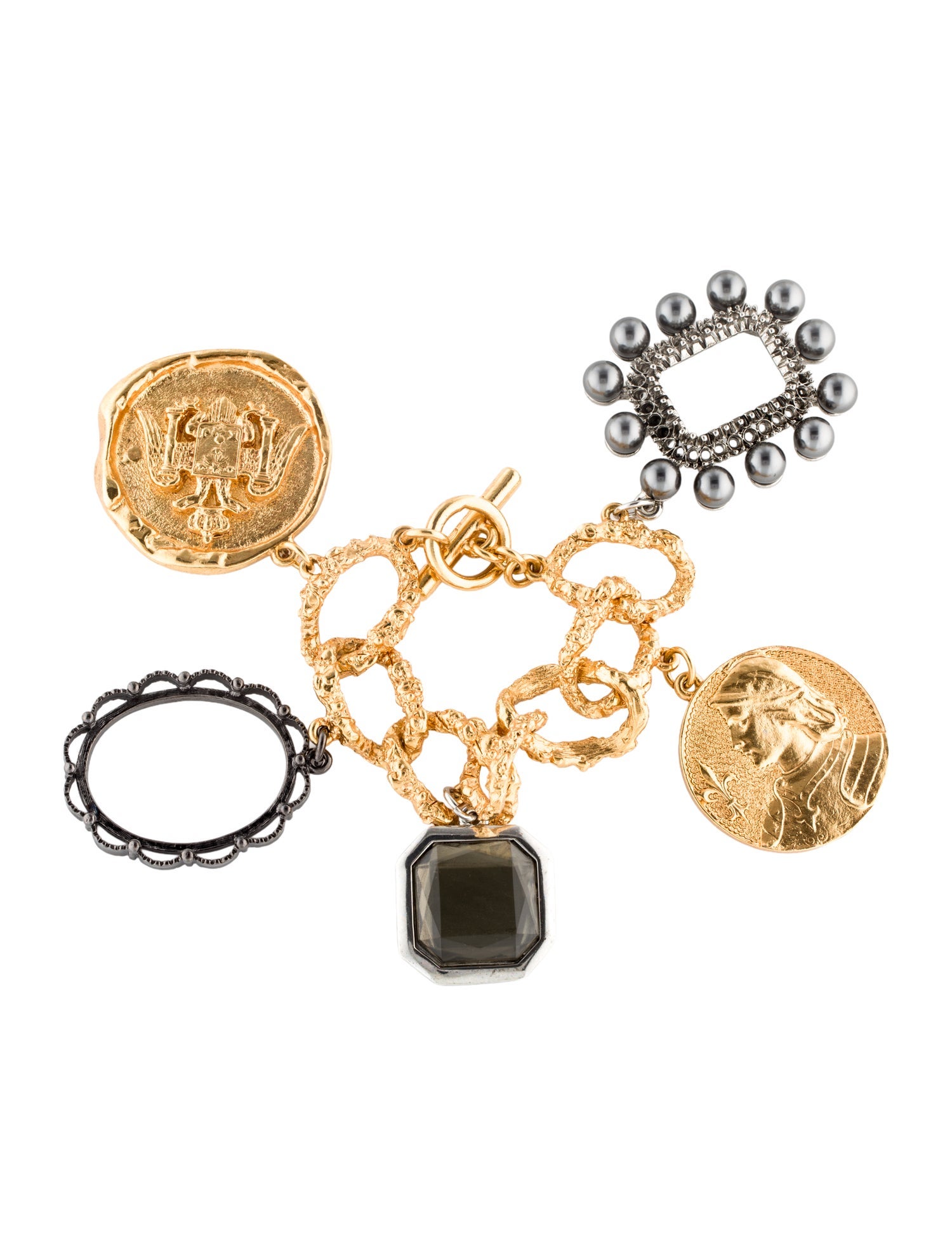 Oscar de la Renta Faux Pearl & Crystal Two Tone Medallion Charm Link Bracelet