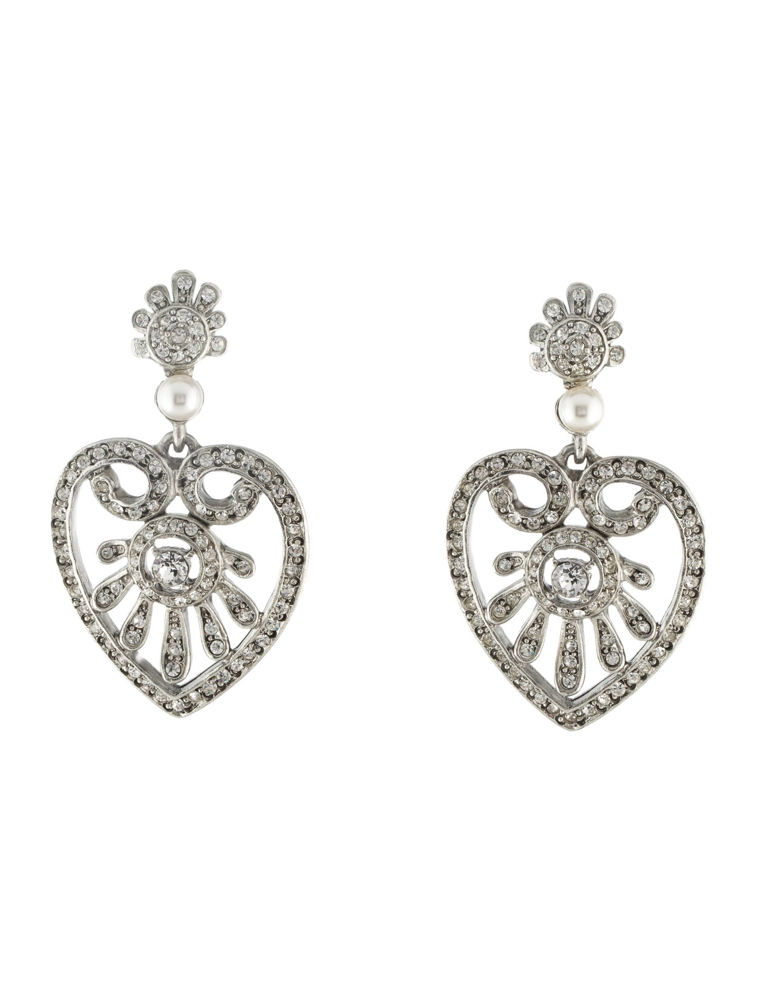 Oscar de la Renta Faux Pearl & Crystal Heart Clip-on Drop Earrings