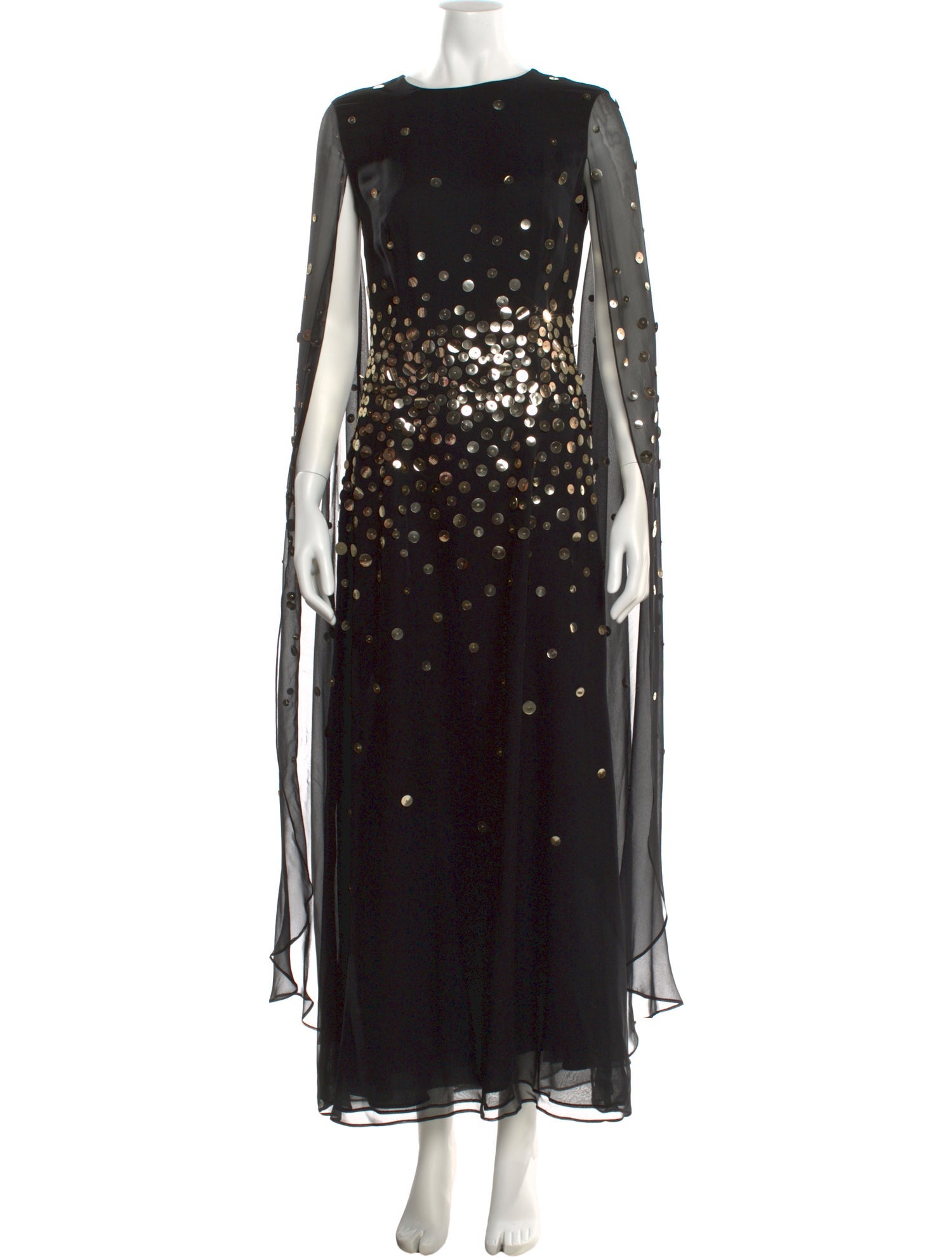Silk Long Dress (1970s, scattered gold paillettes on black with sheer chiffon cape sleeves)