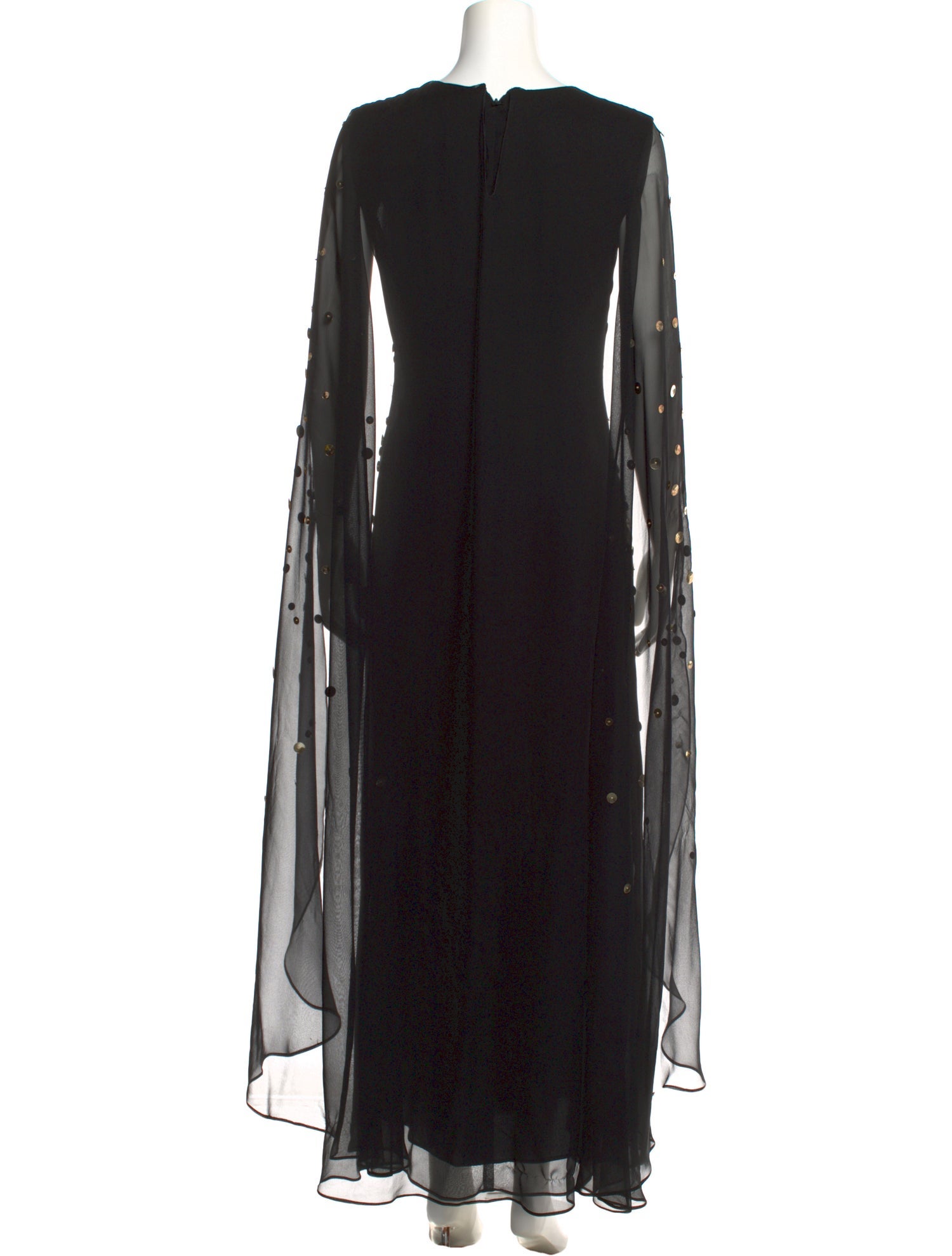 Silk Long Dress (1970s, scattered gold paillettes on black with sheer chiffon cape sleeves) (back)