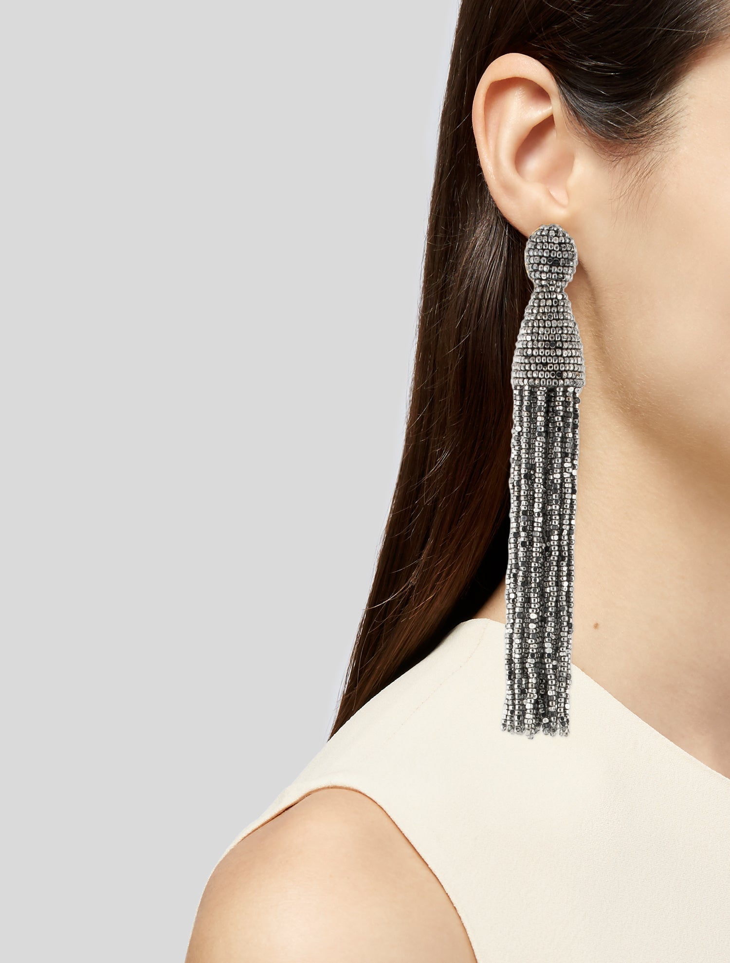 Oscar de la Renta Beaded Tassel Drop Clip-On Earrings