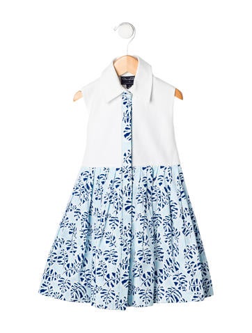 Oscar de la Renta Girls' Pleated Leaf Print Dress