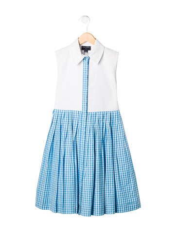 Oscar de la Renta Girls' Pleated Gingham Print Dress