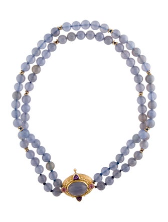 Paula Crevoshay 18K Dyed Chalcedony, Tourmaline & Amethyst Bead Double Strand Pendant Necklace