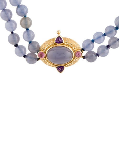 Paula Crevoshay 18K Dyed Chalcedony, Tourmaline & Amethyst Bead Double Strand Pendant Necklace