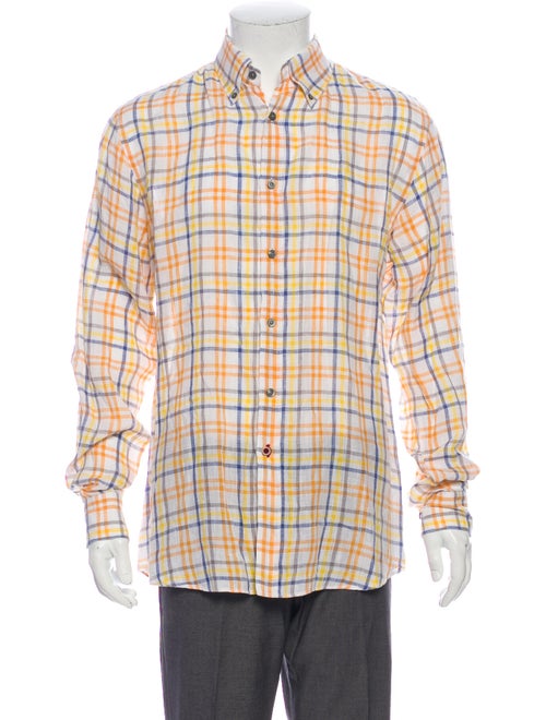 Pal Zileri Linen Plaid Print Dress Shirt Yellow
