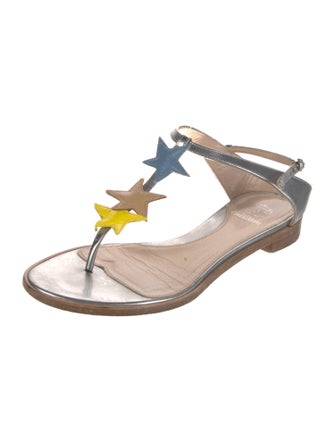 Paula Cademartori Leather Embroidered Accent T-Strap Sandals