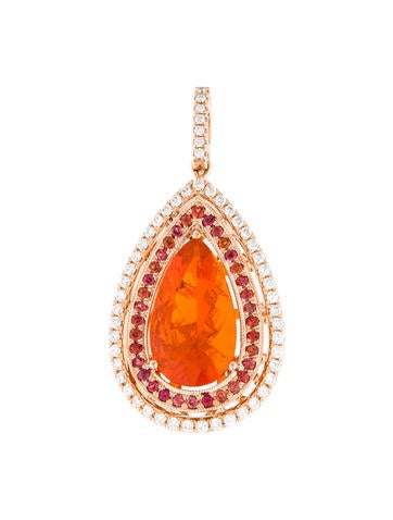 18K Fire Opal, Diamond & Sapphire Pendant