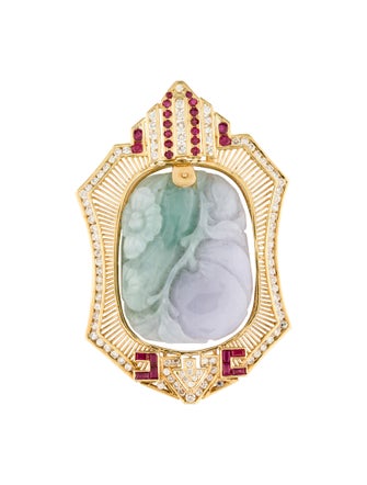 Pendant 18K Dyed Jadeite, Ruby & Diamond Carved Slide Pendant