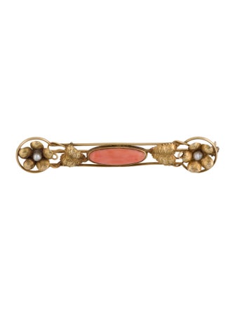 Pendant Antique 14K Coral & Pearl Bar Brooch