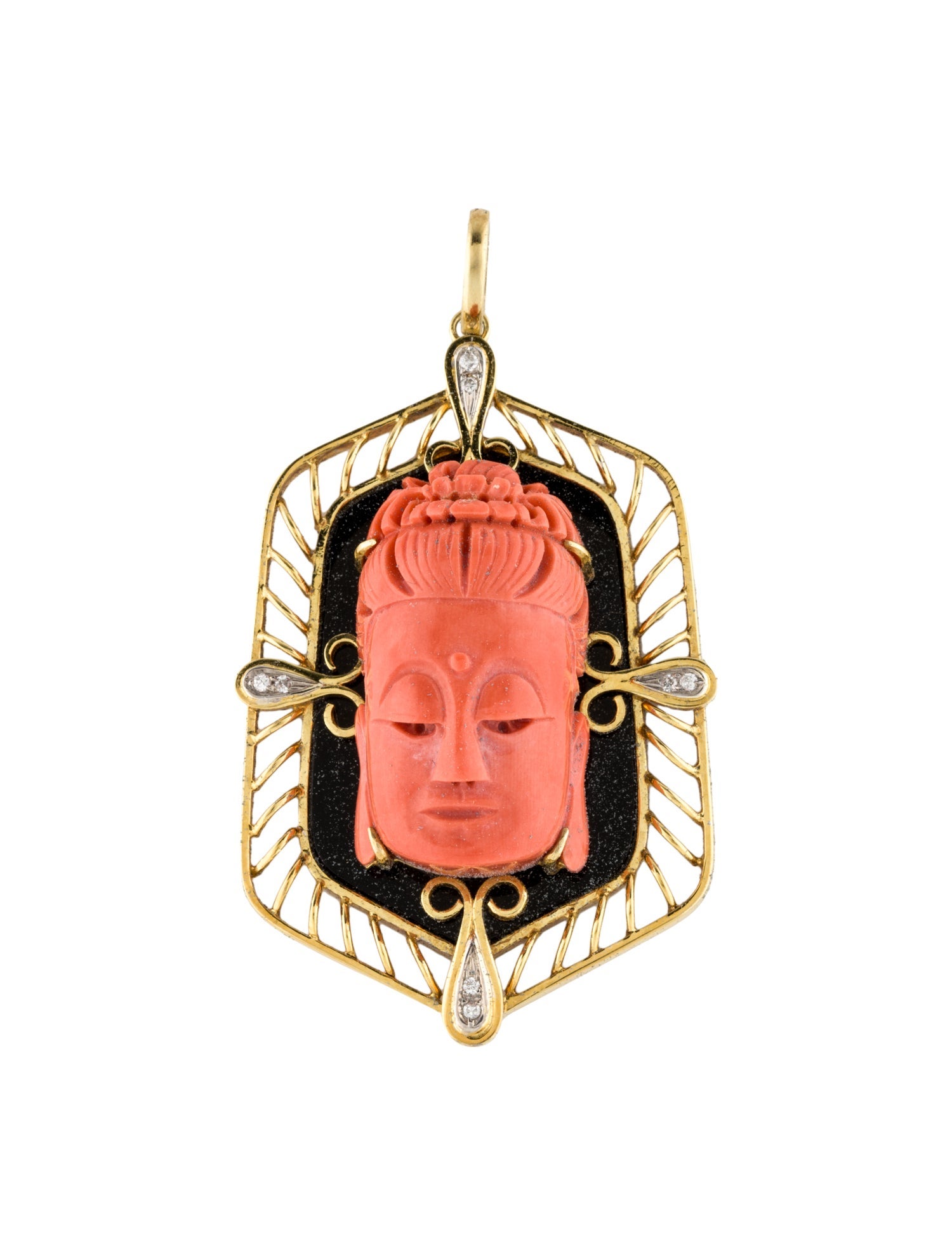 Pendant 14K Coral, Onyx & Diamond