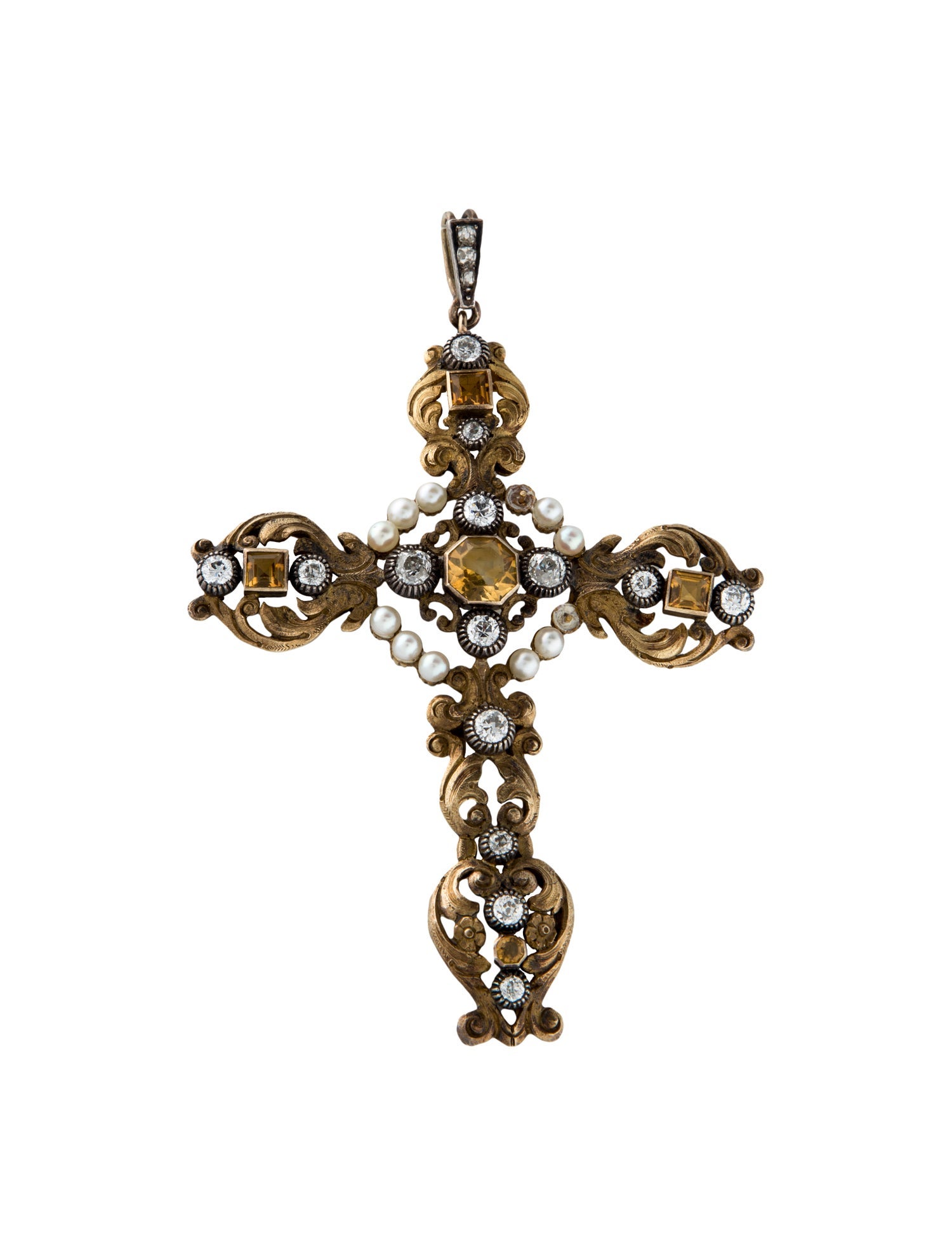 Pendant Antique 18K Citrine & Diamond Cross Pendant