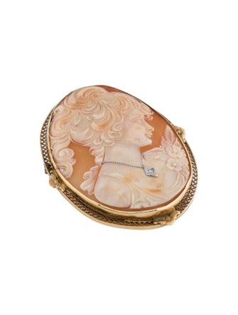 Pendant 14K Shell Cameo & Diamond Brooch Pendant