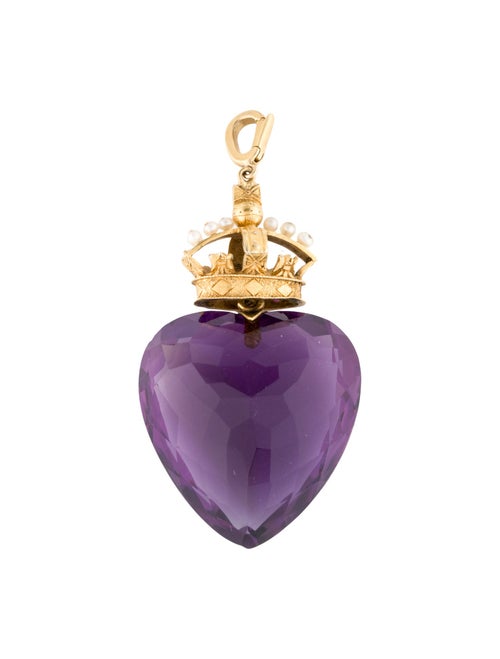 Pendant Antique 14K Pearl, 56.98ct Amethyst & Demantoid Garnet Crown Heart Pendant