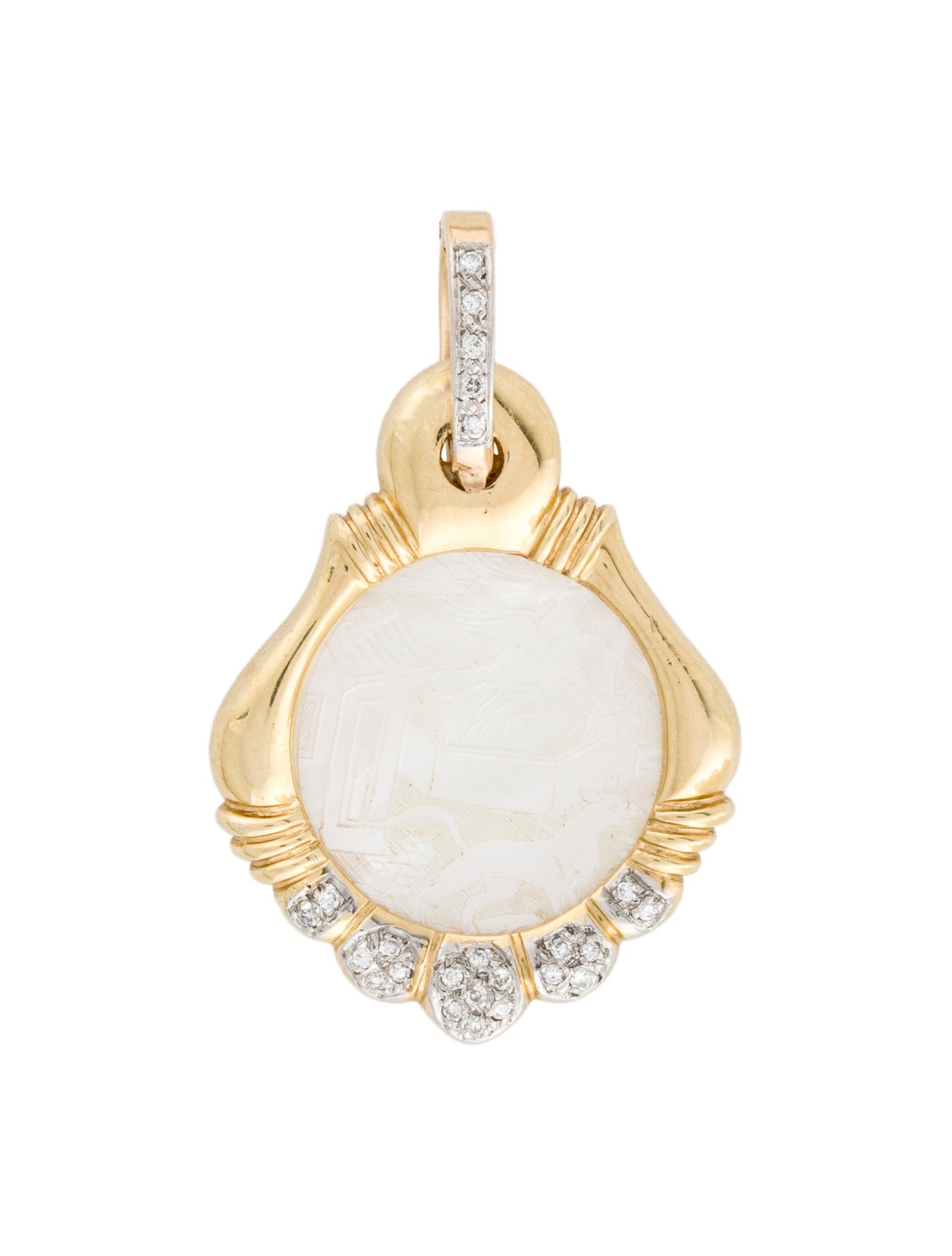 Pendant 14K Mother of Pearl & Diamond Rural Scene Pendant