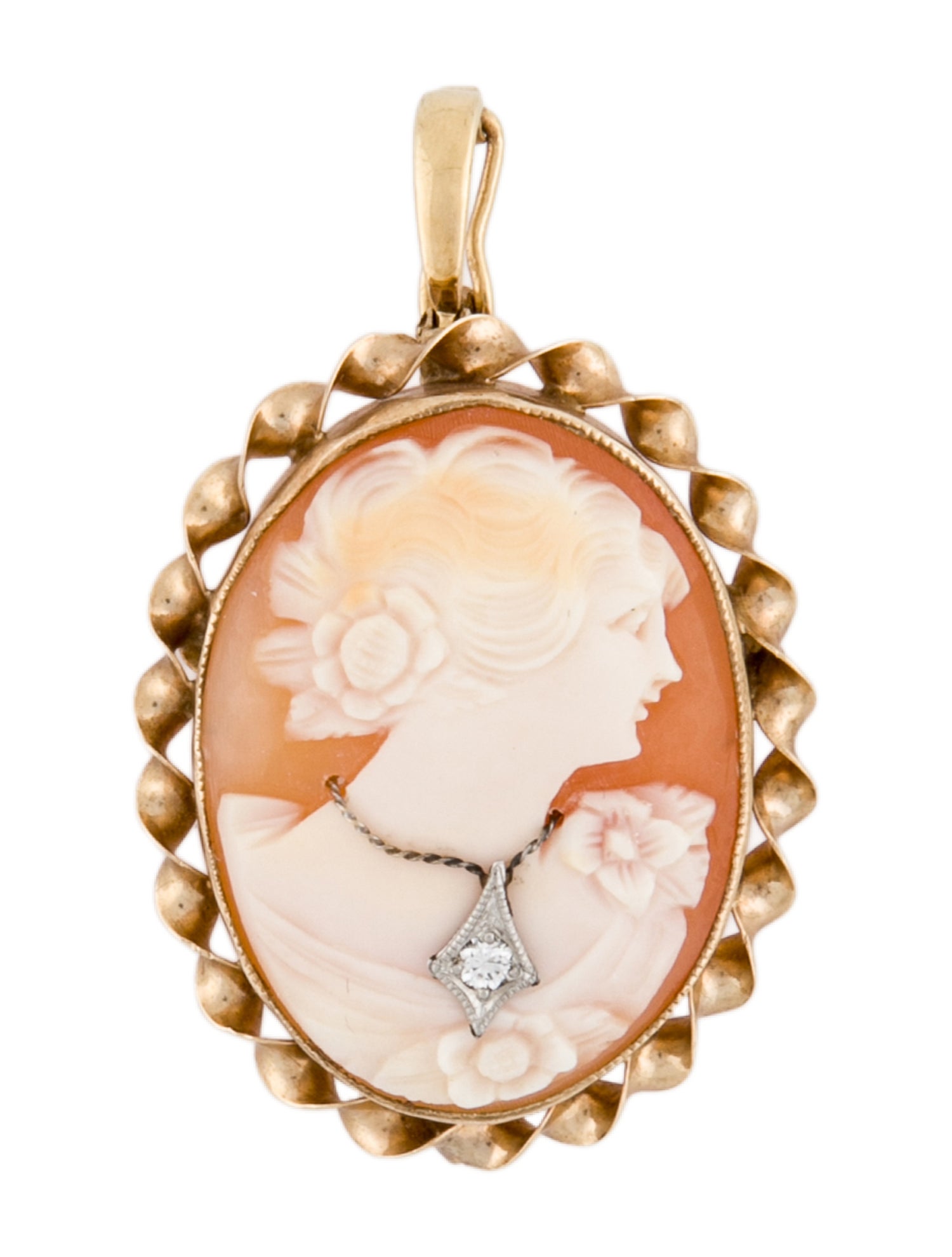 Pendant 10K Shell & Diamond Cameos Pin Brooch