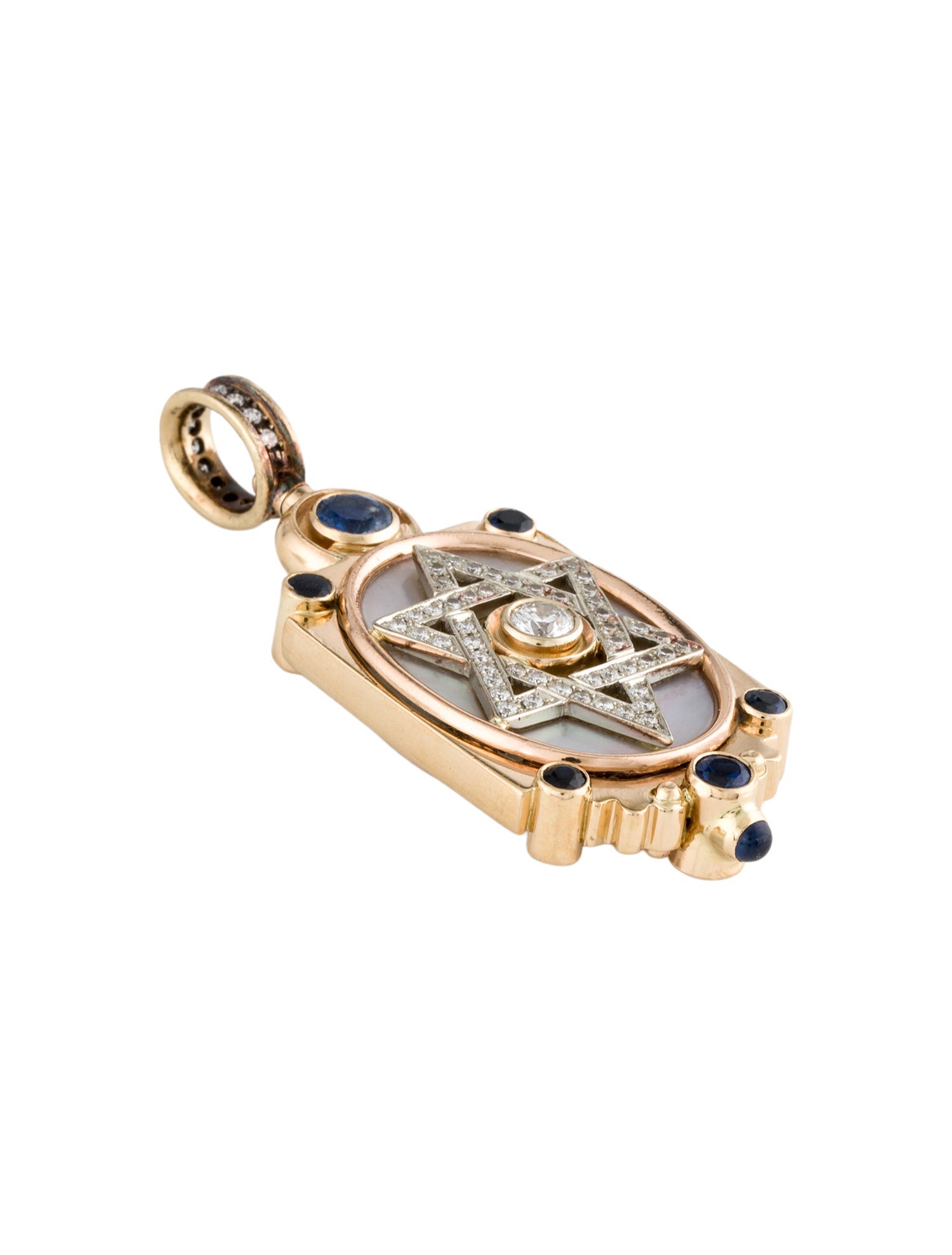 Pendant 14K Mother of Pearl, Sapphire & Diamond Double-Sided Star of David & Chai