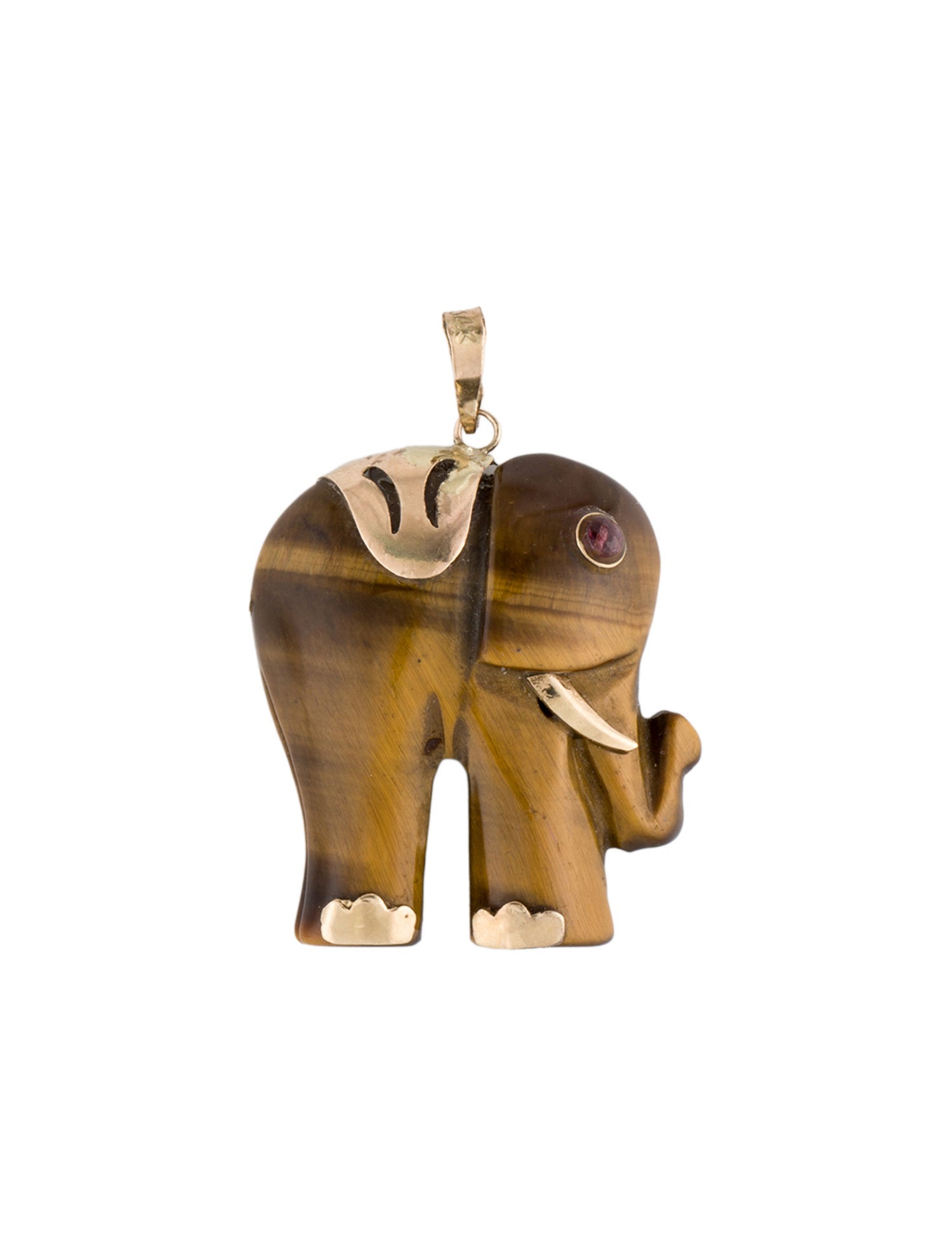 Pendant 14K Tigers Eye Quartz & Ruby Elephant