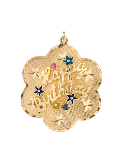 Pendant 14K Sapphire & Enamel 'Happy Birthday' Floral Pendant