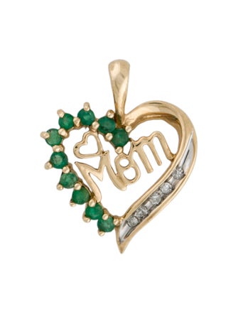Pendant 10K Emerald & Diamond 'Mom' Heart Pendant