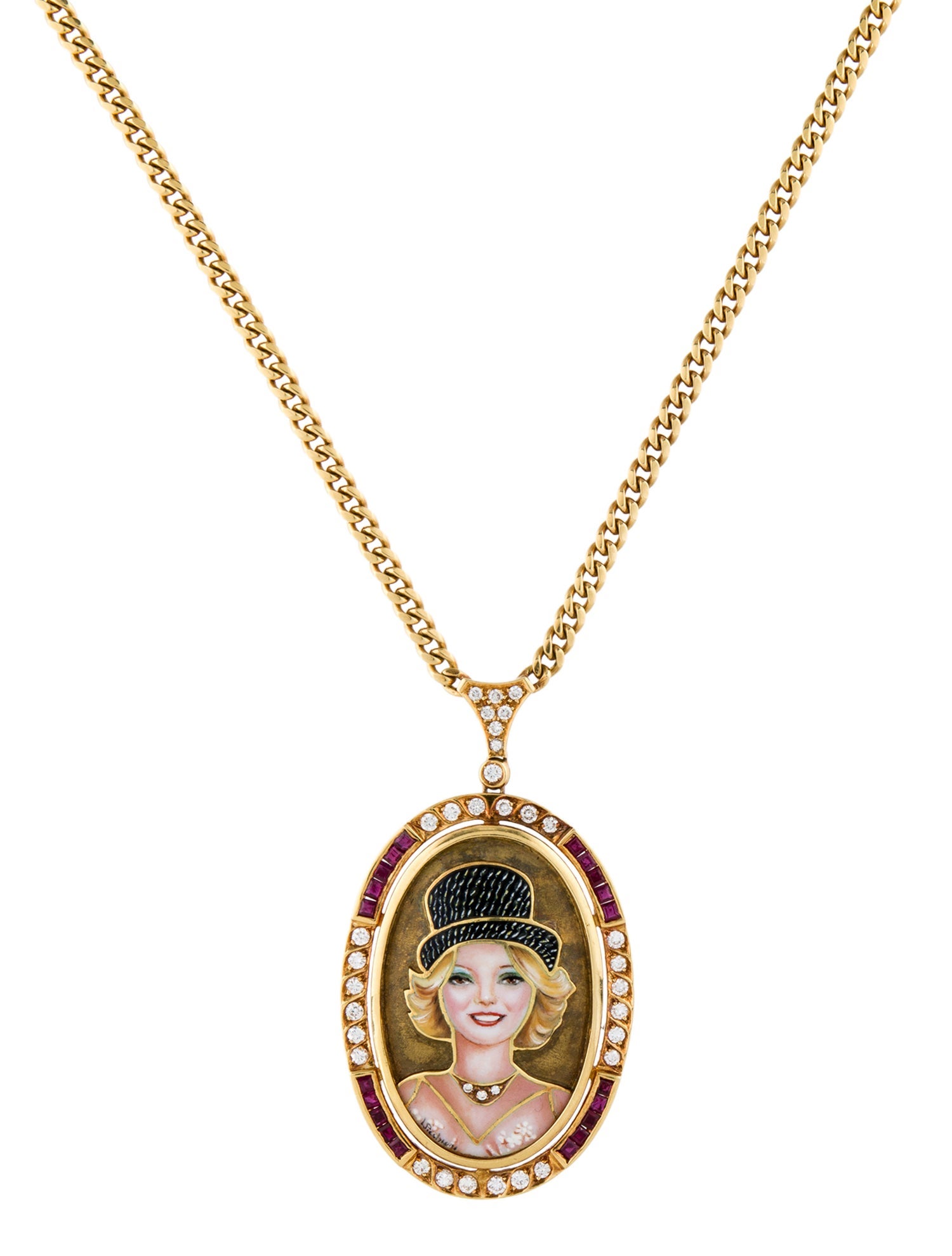 Pendant 18K Enamel, Ruby & Diamond Figurative Roaring Twenties Necklace