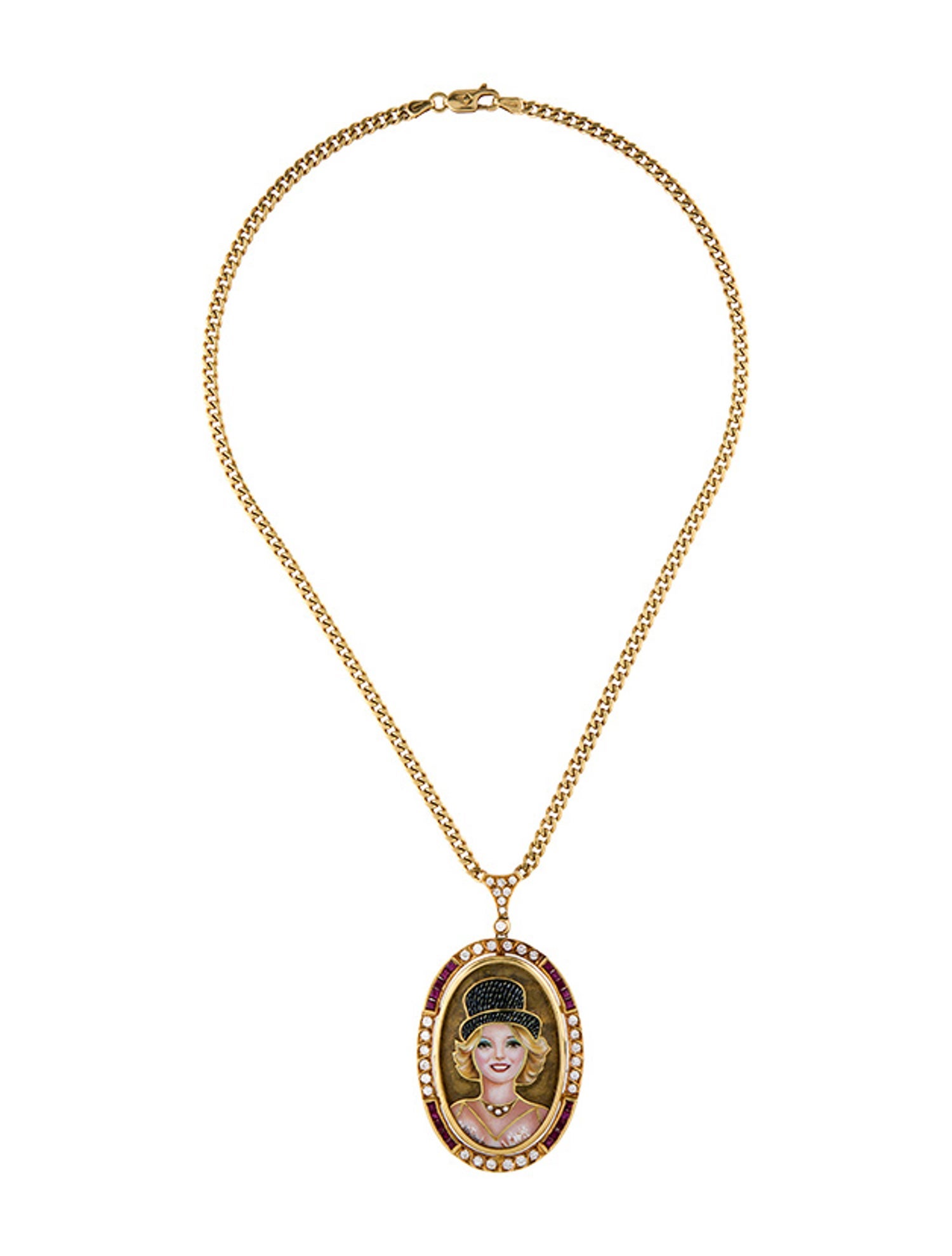 Pendant 18K Enamel, Ruby & Diamond Figurative Roaring Twenties Necklace