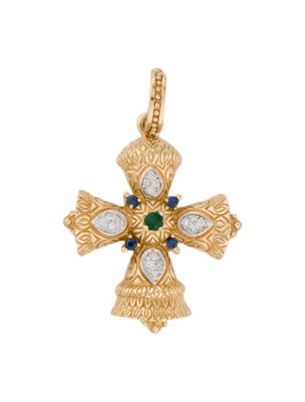 Pendant 14K Emerald, Sapphire, & Diamond Cross Pendant