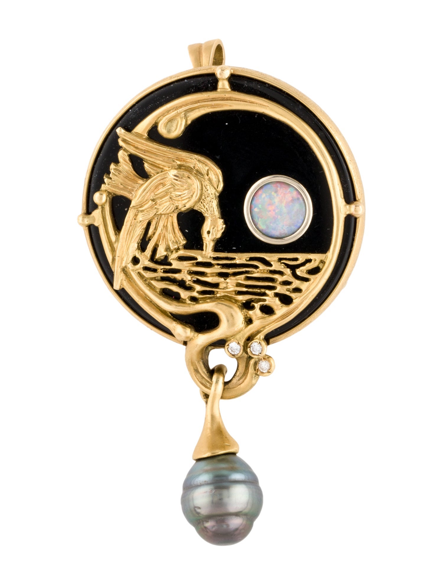 Pendant 18K Onyx, Opal Doublet, Pearl & Diamond Brooch