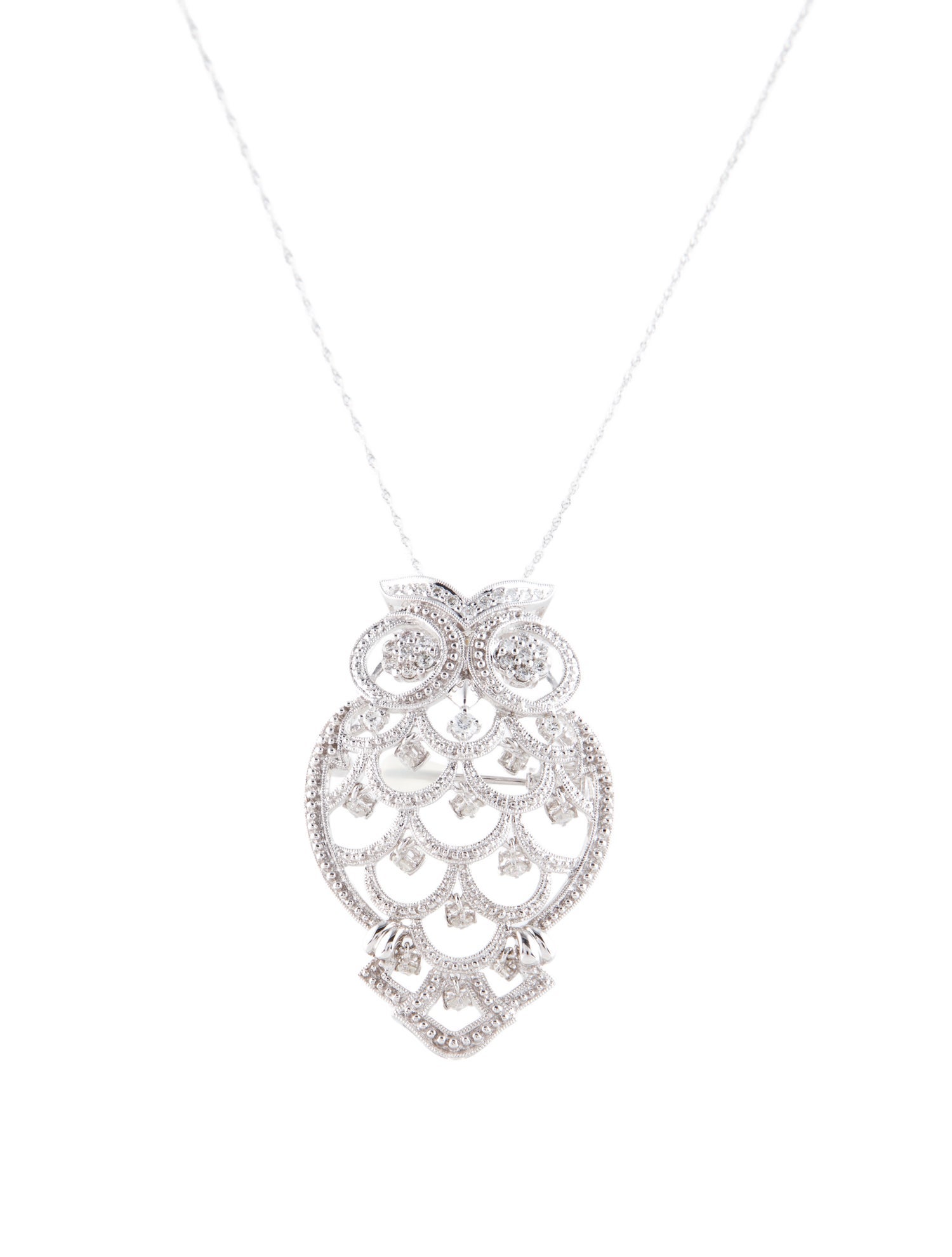 Pendant 18K 1.10ctw Diamond Owl Convertible Brooch Pendant Necklace