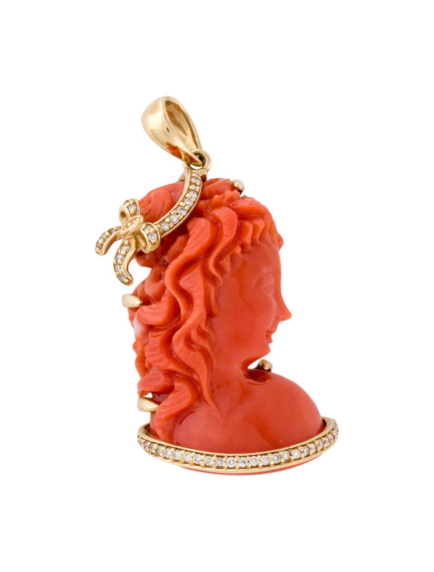 Pendant 14K Carved Coral & Diamond