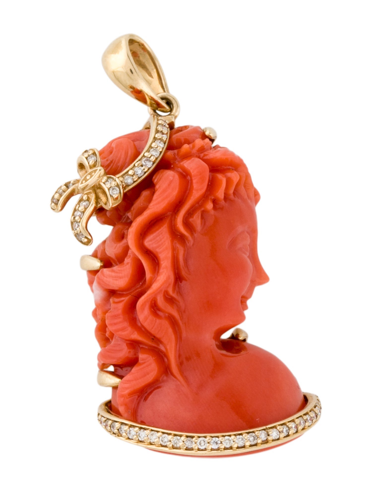Pendant 14K Carved Coral & Diamond