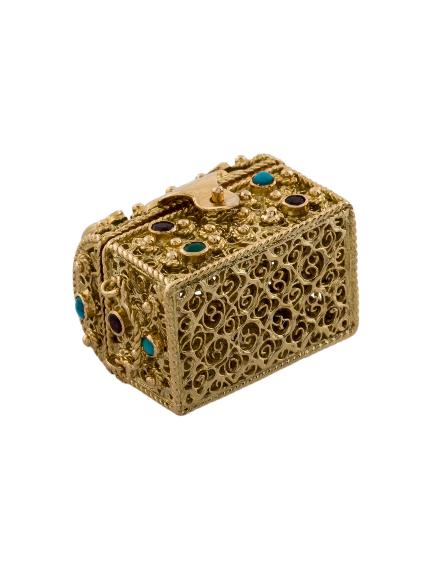 Pendant 18K Turquoise & Garnet Treasure Chest