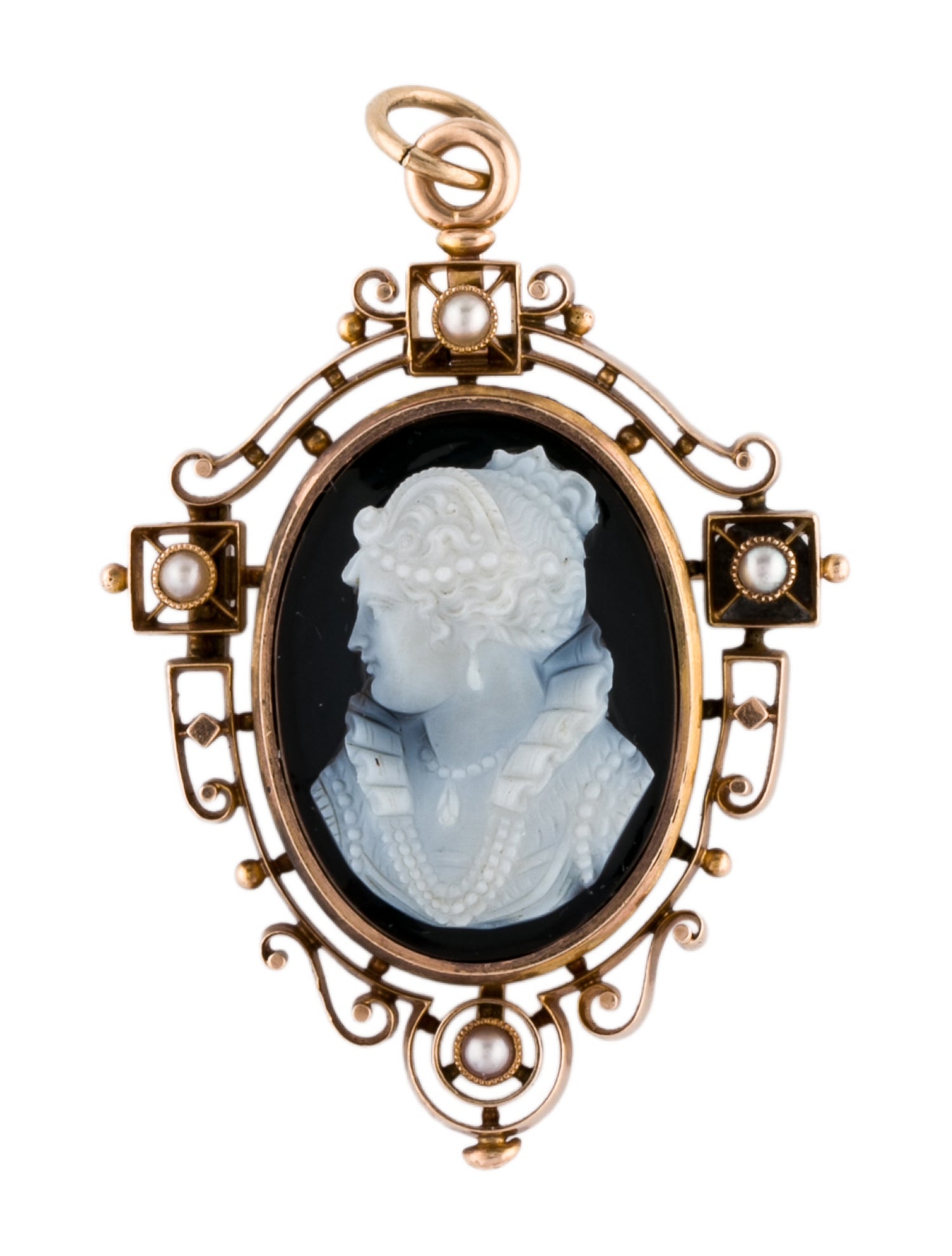Pendant Antique 14K Pearl & Onyx Cameo Brooch