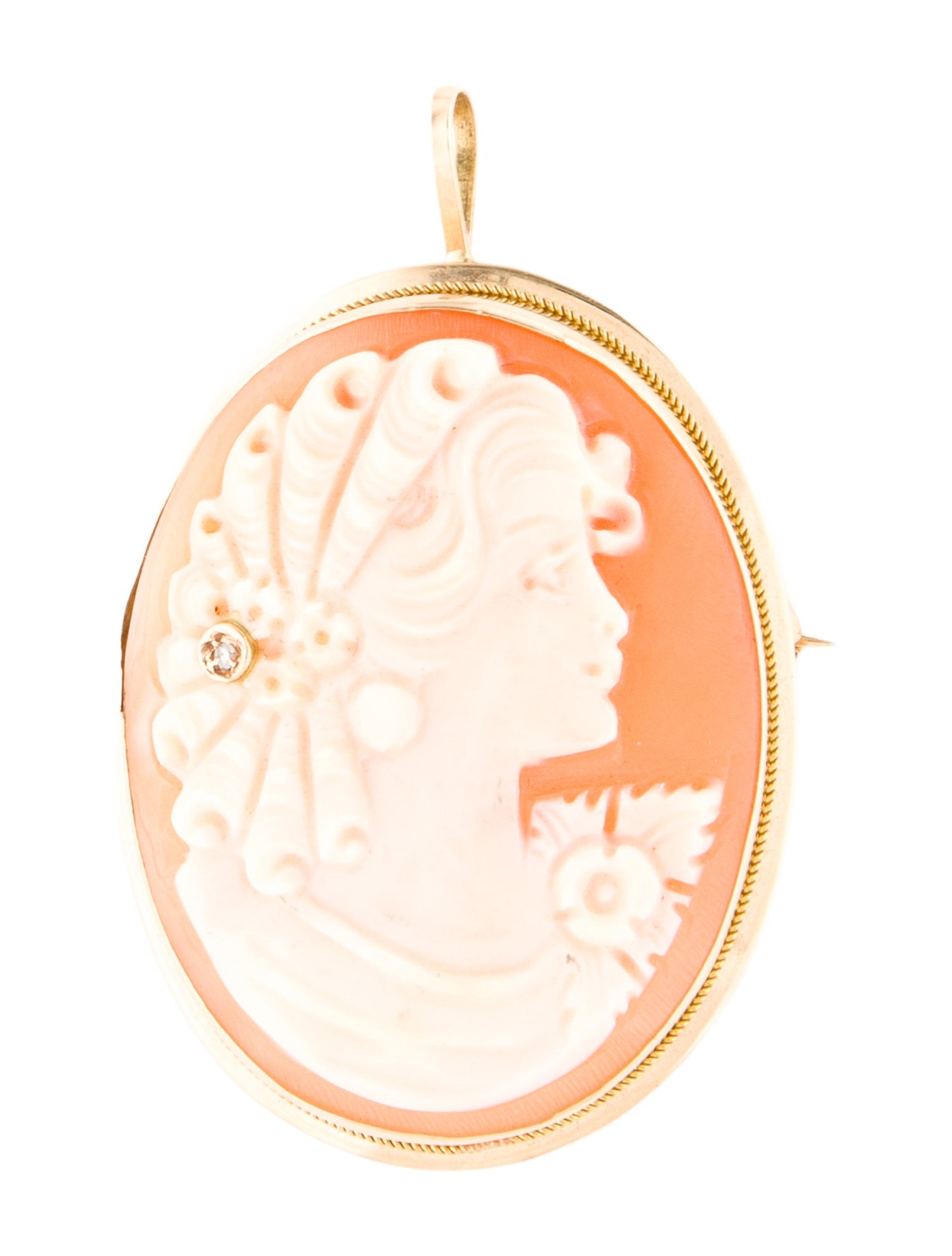 Pendant 14K Shell & Diamond Cameo Brooch Pin