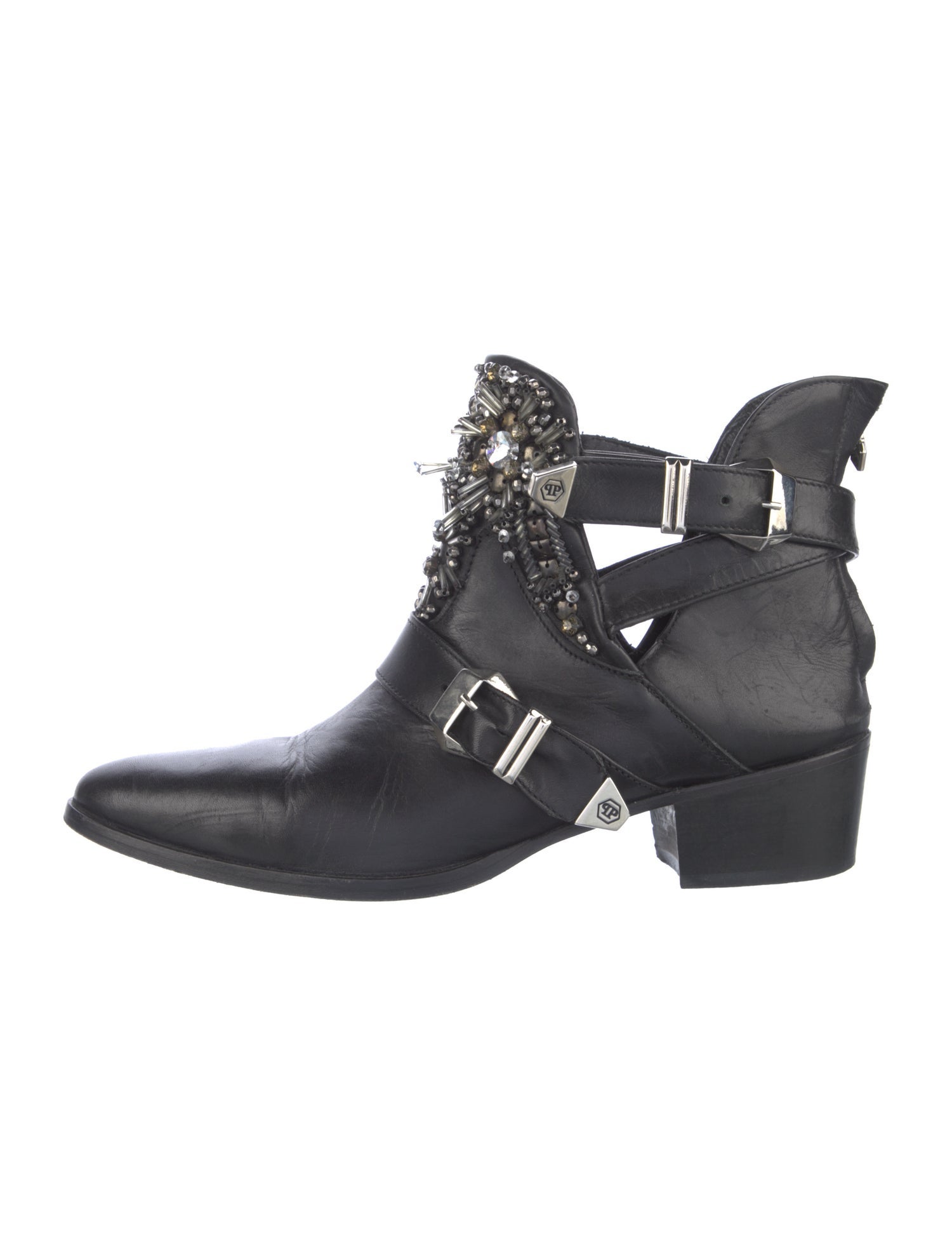 Philipp Plein Leather Crystal Embellishments Moto Boots