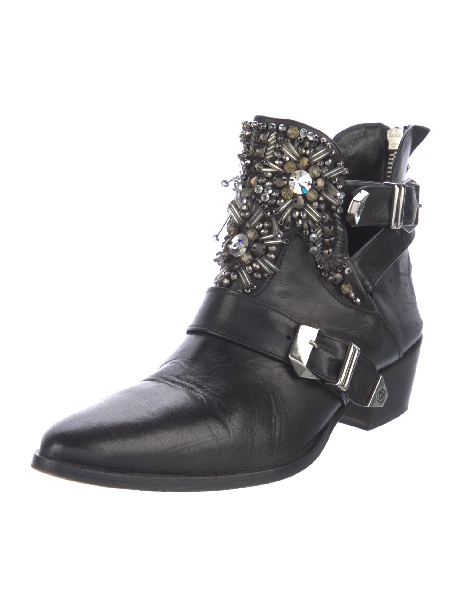 Philipp Plein Leather Crystal Embellishments Moto Boots