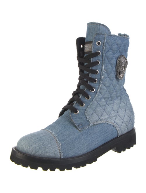 Philipp Plein Denim Colorblock Pattern Combat Boots