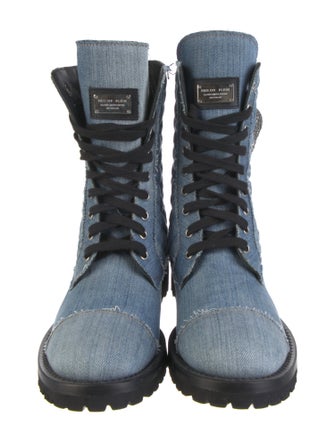 Philipp Plein Denim Colorblock Pattern Combat Boots