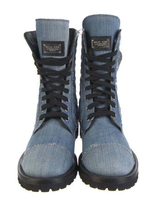 Philipp Plein Denim Colorblock Pattern Combat Boots