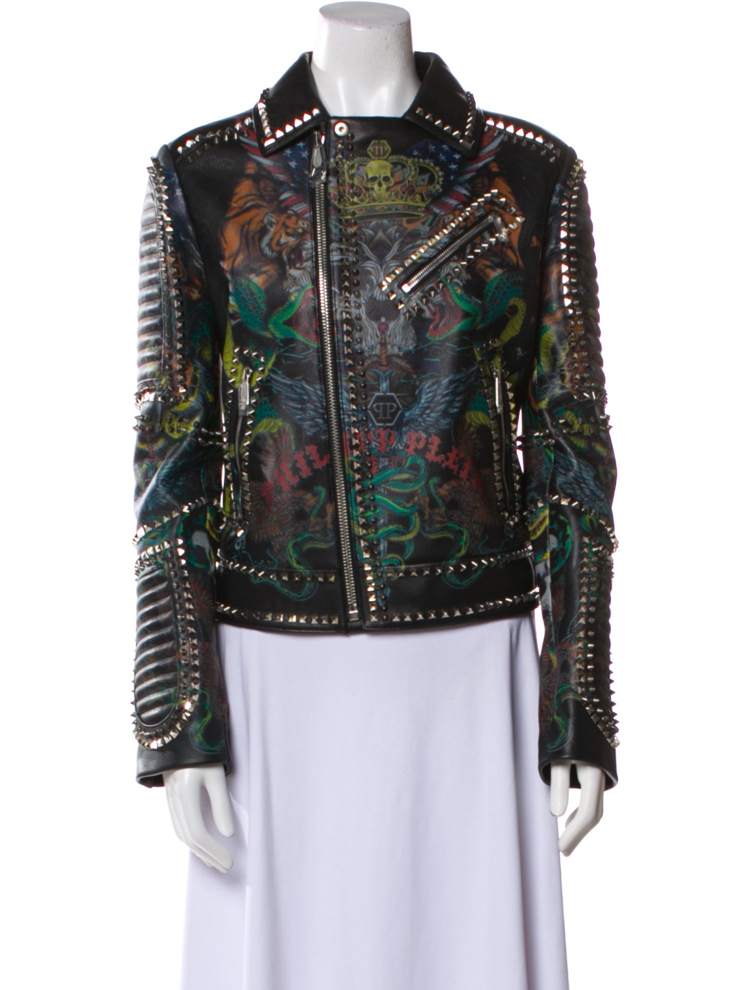 Philipp Plein Calf Leather Floral Print Biker Jacket