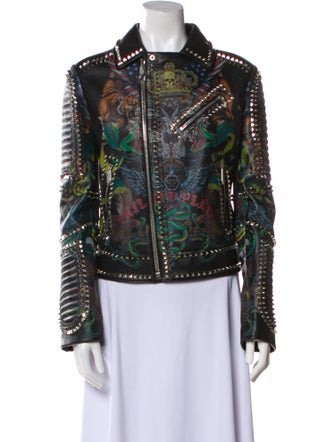 Philipp Plein Calf Leather Floral Print Biker Jacket