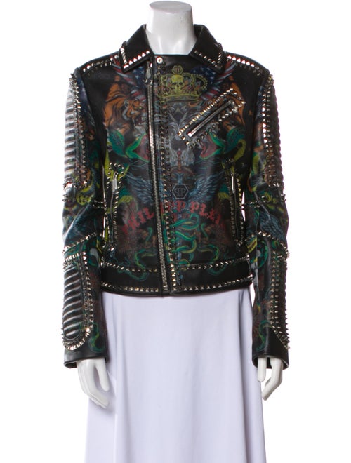 Philipp Plein Calf Leather Floral Print Biker Jacket