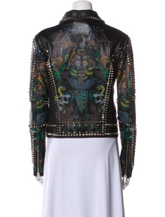 Philipp Plein Calf Leather Floral Print Biker Jacket