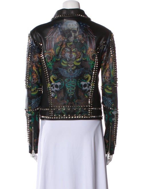 Philipp Plein Calf Leather Floral Print Biker Jacket