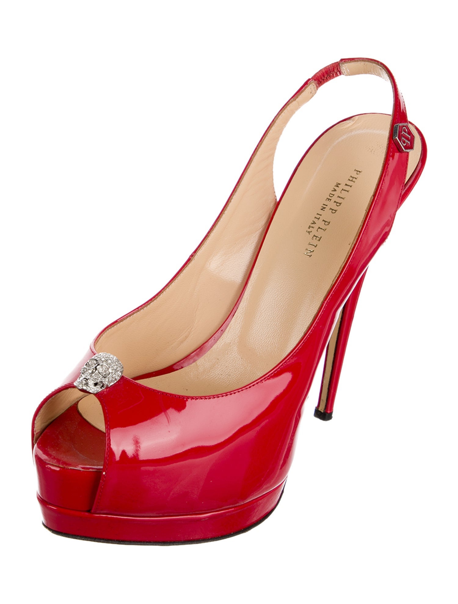 Philipp Plein Spike Accents Patent Leather Slingback Pumps