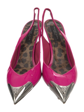 Philipp Plein Patent Leather Colorblock Pattern Slingback Pumps