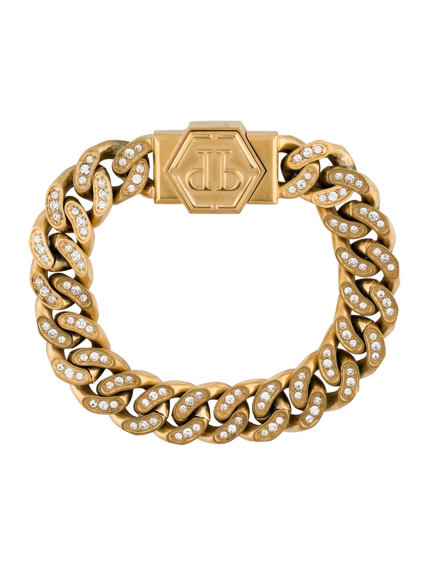 Philipp Plein Crystal Hexagon Logo Cuban Link Bracelet