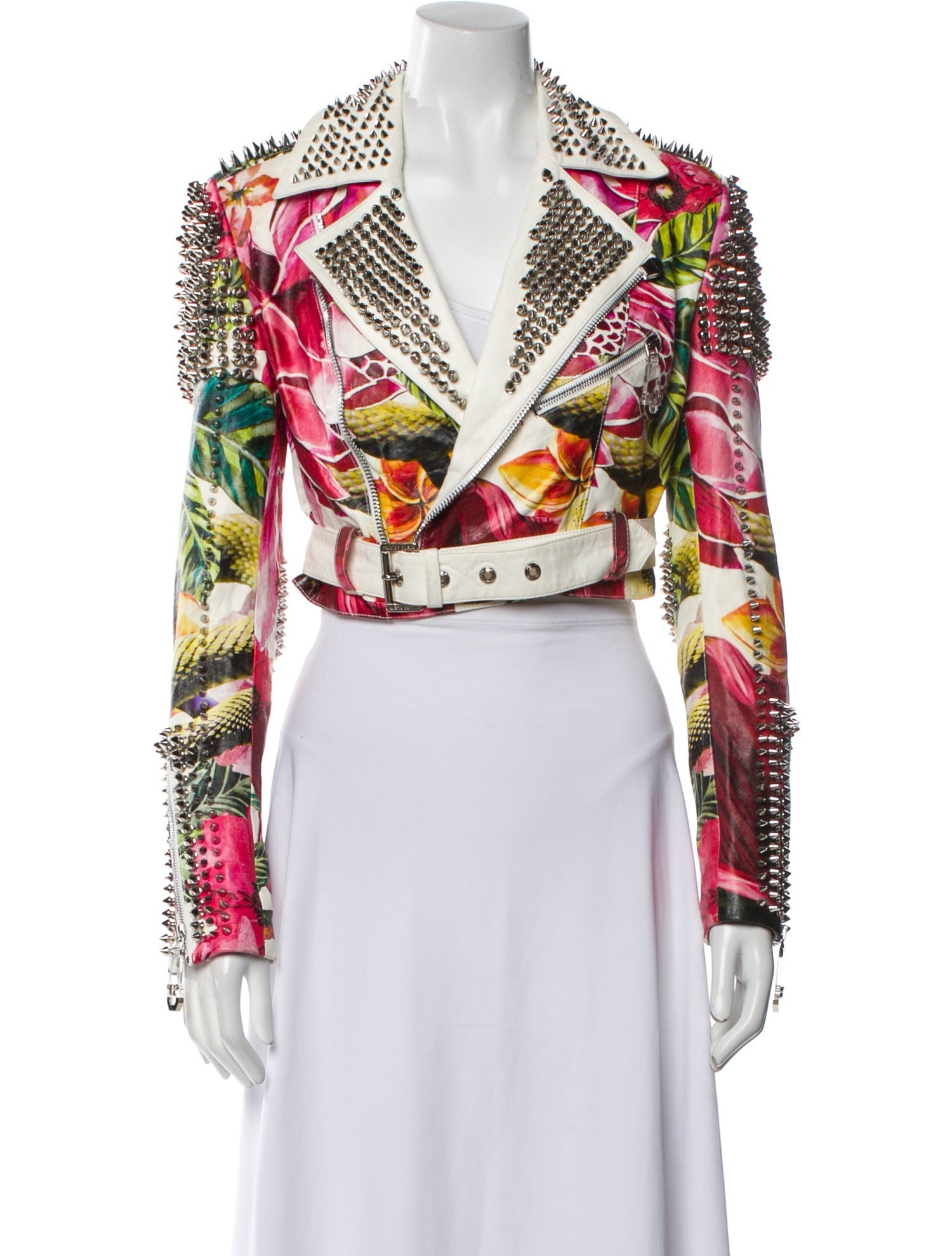 Philipp Plein Leather Floral Print Biker Jacket