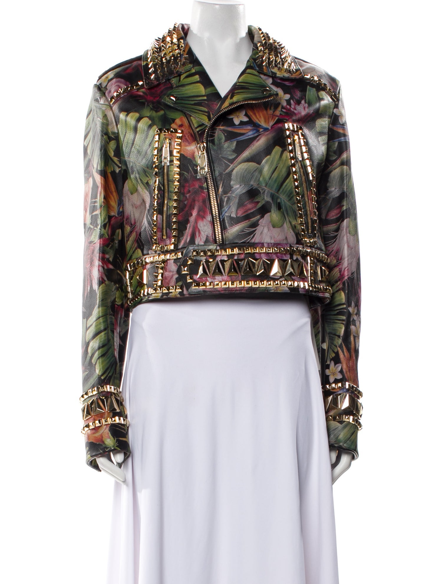 Philipp Plein Calf Leather Floral Print Biker Jacket w/ Tags